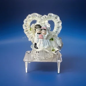 NEGRO Cabello Caucásico Novia y Novio Porcelana Boda Pastel Topper Años 60 De Colección - Imagen 1 de 10