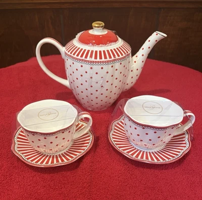 NEW GRACE TEAWARE RED JOSEPHINE TEA SERVICE DOTS STRIPES PORCELAIN 6 PC HOLIDAY - Image 1 of 4
