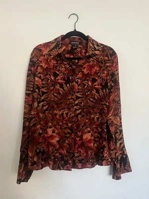 Ellen Tracy 100% 真丝衬衫秋季花卉叶子纽扣栗色棕色 12 — 第 1/4 张图片