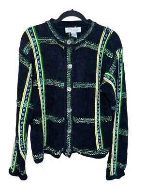 Norm Thompson女式复古雪尼尔刺绣黑色开衫毛衣中号 — 第 1/4 张图片