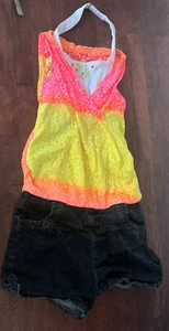 Summer 1pc romper tank bright yellow/pink/white sleeveless w navy shorts,girl 10 - Picture 1 of 2