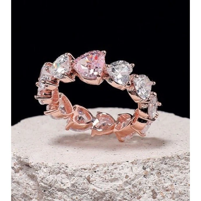 925 Silver PINK Heart Cut Created Diamond Eternity Band white Gold - Image 1 of 4