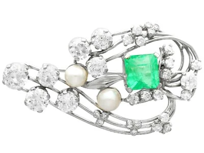 Antique 3.19ct Emerald 4.38ct Diamond & Pearl 18 Carat White Gold Brooch  - Image 1 of 4