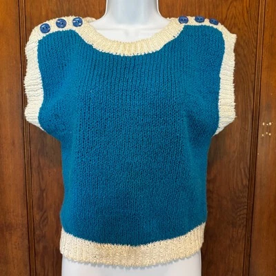 Винтажный Renee Tener для Jeanne Pierre синий белый вязаный свитер без рукавов S 80-х - Изображение 1 из 4