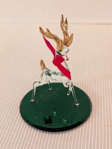 Glas Baron Kristall Rentier Figur Goldakzente & roter Schal grüner Glasboden - Bild 1 von 5