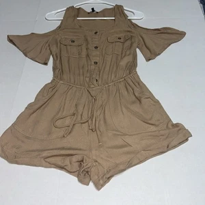 IRIS Khaki Cold Shoulder Romper M Button Front Utility Boho Festival Shorts - Picture 1 of 9