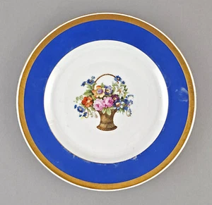 A-9440005 Porcelaine Assiette Fraureuth Bleu Bord Doré Décor Floral D24cm - Picture 1 of 2