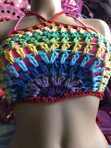 Women's Crocheted Halter Crop Top Granny Bohemian Hippie Festival Valentine  - Picture 1 of 11