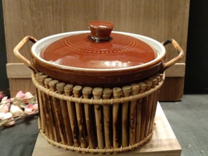 Vintage Brown Glazed Stoneware Covered Casserole w/ Bamboo Holder - Picture 1 of 10