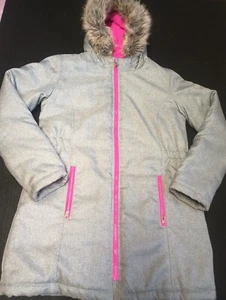cat & jack coat  Girl's Barely Worn, Grey/pink Lining And Fur Hood XL 14/13 - Picture 1 of 8