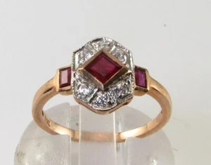 9K 9CT ROSE GOLD RUBY DIAMOND CLUSTER ART DECO INS RING FREE RESIZE - Picture 1 of 4