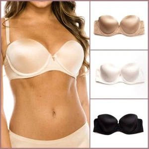 Women Satin Silicone Band Push up Removable Strap 3 Hook Strapless Bra A B C Cup - Picture 1 of 24