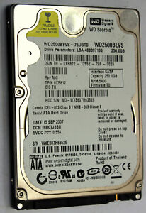 250GB Western Digital WD Scorpio WD2500BEVS SATA Laptop Hard Disk Drive HDD