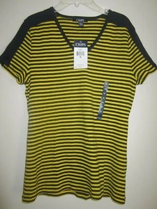 Chaps Womens T-shirt Navy/Yellow Striped Cotton SZE M V-Neck New Tag $49 GIFT - Picture 1 of 7