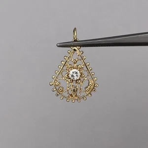 Vintage 14k Gelbgold Damen filigran 0,20ctw runder Diamant Anhänger 1" - Bild 1 von 4