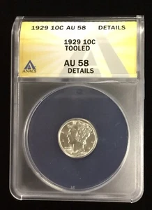 1929 Silver Mercury Dime 10c ANACS AU 58 Details *Tooled* - Picture 1 of 4