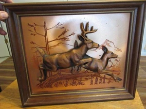 Vintage 3D Copper Running Deer Scene Wood Frame Wall Hanging Rustic Home Decor - Picture 1 of 10