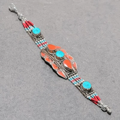 Handgefertigtes böhmisches nepalesisches Schmuckarmband tibetischer Türkis ro... - Bild 1 von 4