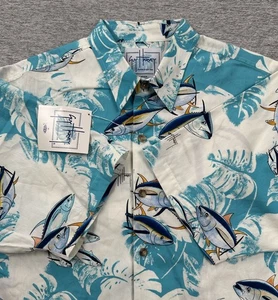 Guy Harvey AFTCO Shirt Mens Medium Blue Tuna Fish Button Up Short Sleeve NEW - Picture 1 of 8