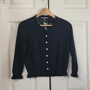 Cárdigan Karl Lagerfeld Para Mujer Azul Marino Negro Encaje Volantes Botón Delantero Talla XS - Imagen 1 de 12