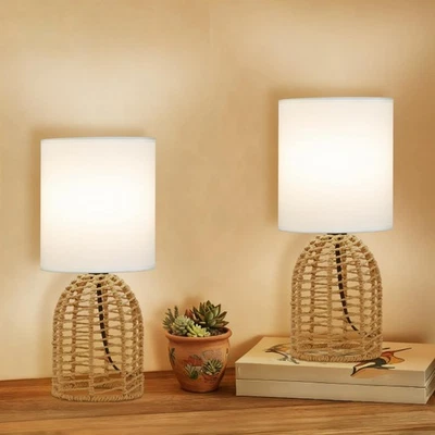 Juego de 2 Lámparas de Mesa de Ratán, Pequeñas Lámparas Boho para Mesita de Noche con Estilo Tejido,... Foto 1 de 4