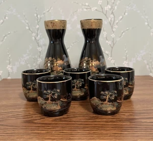Japanese Sake Set - 7 Piece Vintage Sake Black with Gold Metallic Landscape Set - Picture 1 of 11