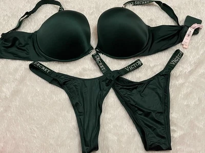 38DDD/L VICTORIA'S SECRET Logo SHINE STRAP PADDED Bra Thong Brazilian Panty Set - image 1 of 4