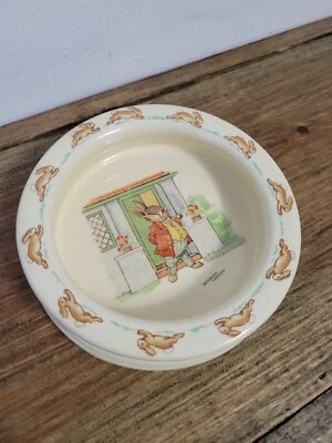 Vtg Bunnykins Royal Doulton Baby Bowl Barbara Vernon 6" heavy Dish Scarce Print - Image 1 of 4