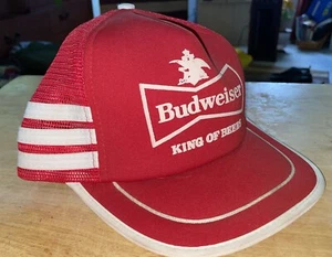 Vintage Budweiser Beer Red And White 3 Stripe Truckers Hat Cap Snapback Mesh - Picture 1 of 9