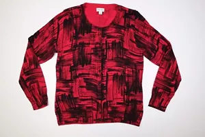Studio Works Women's Long Sleeve Button Up Cardigan Top Size Large Red & Black - Picture 1 of 9