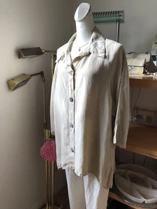 Top túnica corte suelto Lagenlook beige tostado para mujer talla S camisa con botones seda - Imagen 1 de 8
