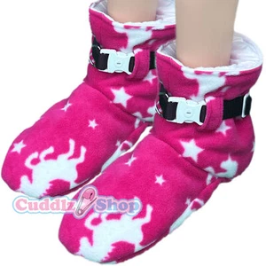 Colourful Pink Unicorn Fleece Adult Booties Padded Locking Lockable Straps - Picture 1 of 3