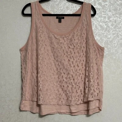 Blusa sin mangas informal tribal rosa floral superpuesta de encaje sin mangas en capas XXL Foto 1 de 4