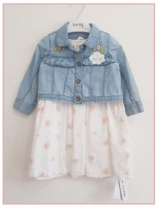 Baby Girls 6-9m White Floral Summer Dress & Blue Denim Jacket 2pc Set Outfit NEW - Picture 1 of 13