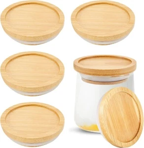 Confezione 6 Coperchi Barattolo Yogurt Set Coperchi Legno Bambù Solo Con Anelli Silicone - Foto 1 di 7