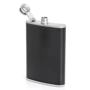 8oz Flask Black Vegan Leather Wrap Stainless Steel Attached Screw Cap Hip Pocket - Picture 1 of 7