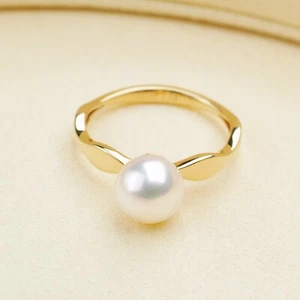 Hoher Glanz! 8 mm + Rund Weiß Japanischer Akoya Perlenring 14Kt Gelbgold, 6,5# - Bild 1 von 6