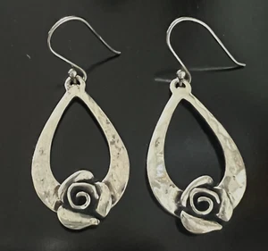 Signed 925 Sterling Silver Pierced Earrings Dangle Flower Design Hook Israel - Picture 1 of 7