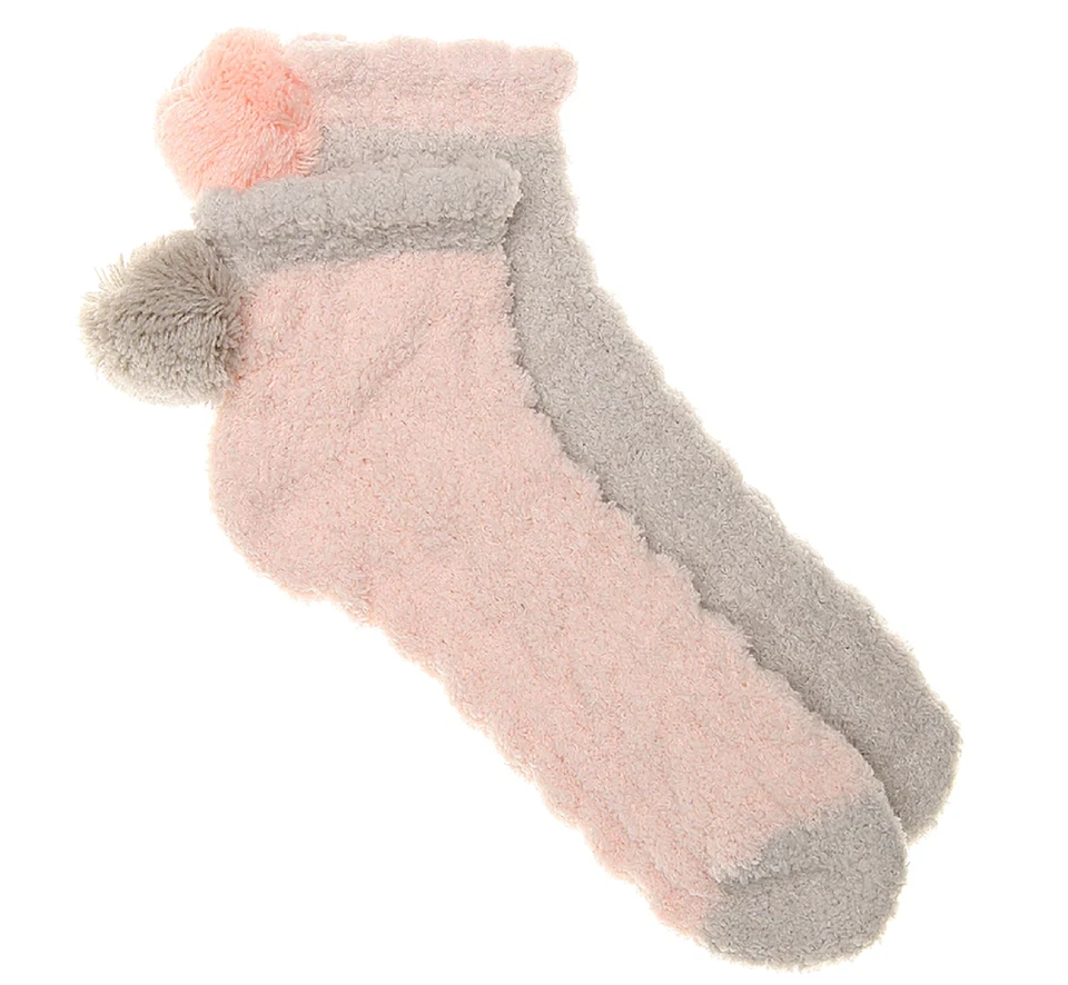 Lemon 2 Pairs Pom Pom Women's Super Soft Ankle Socks - Pink / Grey - Image 1 of 1