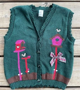 Girls Size 5 Vintage Sweater Vest Birdhouse Print Green Buttonup  - Picture 1 of 5