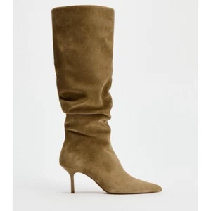 Zara Ruched Split Leather Heeled Boots Sandy Brown Knee-High Size US 6.5 EUR 37 - Picture 1 of 18