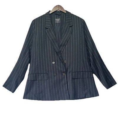 Abercrombie & Fitch Men’s Navy Blue Pinstriped Blazer L Double Breasted No Vent - Image 1 of 4