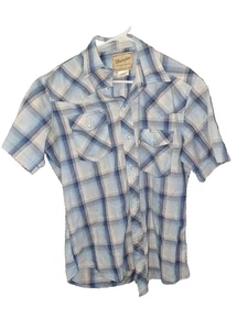 Camisa grande a cuadros azul con botones a presión perla manga corta Wrancher Wrancher para mujer - Imagen 1 de 3