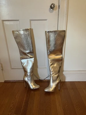 NWT Brian Atwood x Express Metallic Over The Knee Heeled Boots Sz 6.5 $268 READ - Image 1 of 4