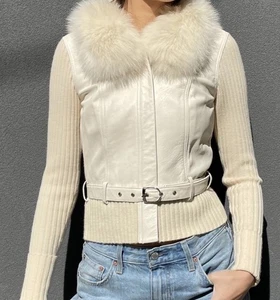 Cache Women's Off-White Cream Knit Jacket Rabbit Fur Leather Belt Sz L Vintage - Picture 1 of 6