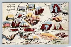 UT-Utah, State Location & Landmarks Map Vintage Souvenir Postcard - Picture 1 of 2