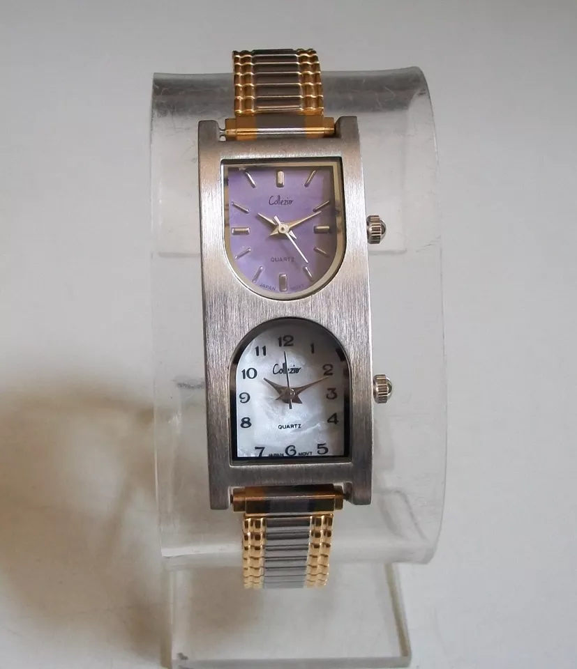 Женские эластичные часы серебро и золото отделка двойной часовой пояс модные часы - Изображение 1 из 4