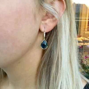 3.50 Ct Pear Simulated London Blue Topaz Drop Earrings In 14k Yellow Gold Plated - Picture 1 of 6