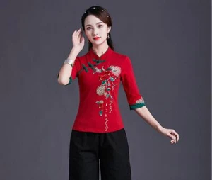 New Women's cotton Linen Tops Summer Chinese Style Blouse buckle T-Shirt gift - Picture 1 of 13