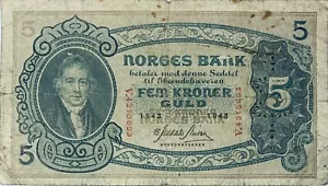 More details for 1943 norway 5 norwegian kroner old ww2 banknote wilhelm frimann koren christie
